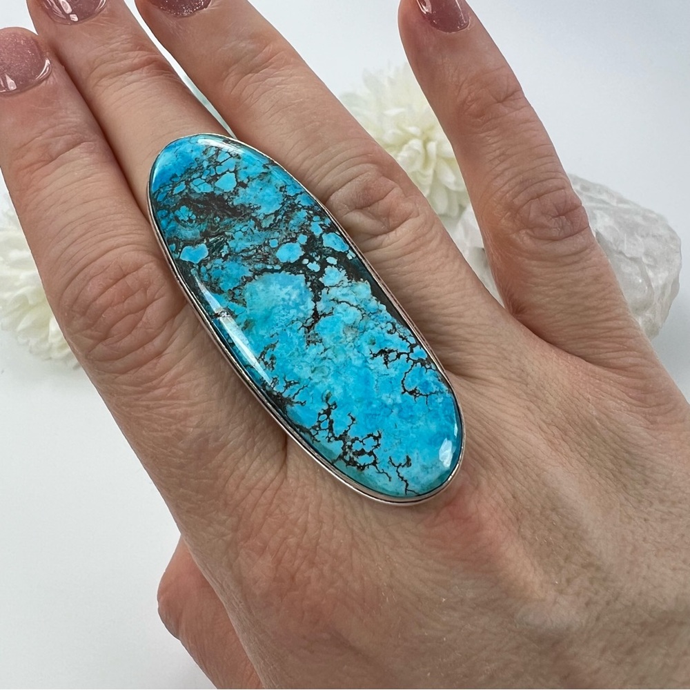 *SOLD* Long Chunky Turquoise Ring Size 11 New Sterling Silver 925 - Picture 2 of 10